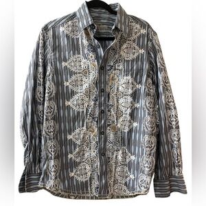 Tommy Bahama Denim Casual Button Down Collared Shirt Blue White Paisley Medium